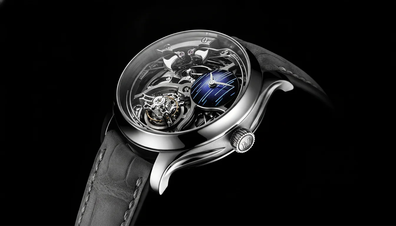 H. Moser Cosmic Rain three-quarter dial view showing the tourbillon, the minute repeater's hammer bridges near 12 o'clock, and the blue aventurine shooting-star sub-dial