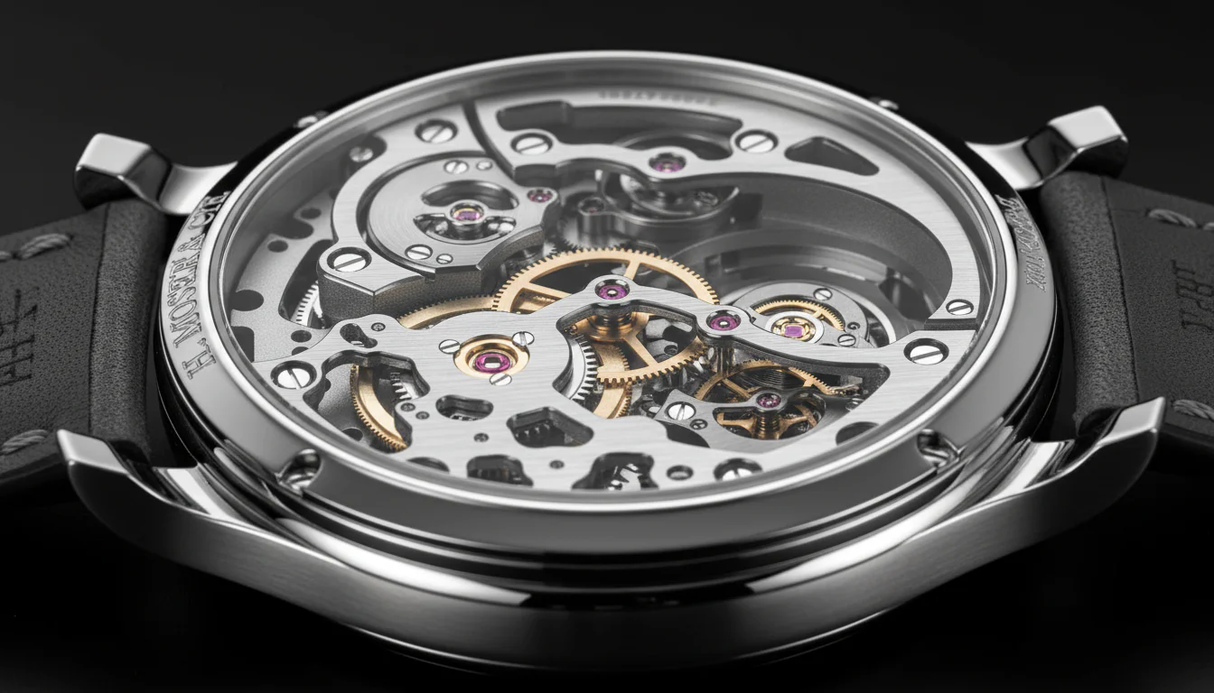 HMC 909 hand-wound movement of the H. Moser Cosmic Rain minute repeater through the skeletonized caseback