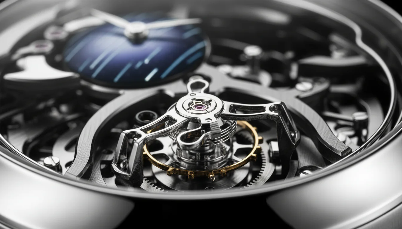 Macro shot of the one-minute flying tourbillon with cylindrical hairspring in the H. Moser Cosmic Rain