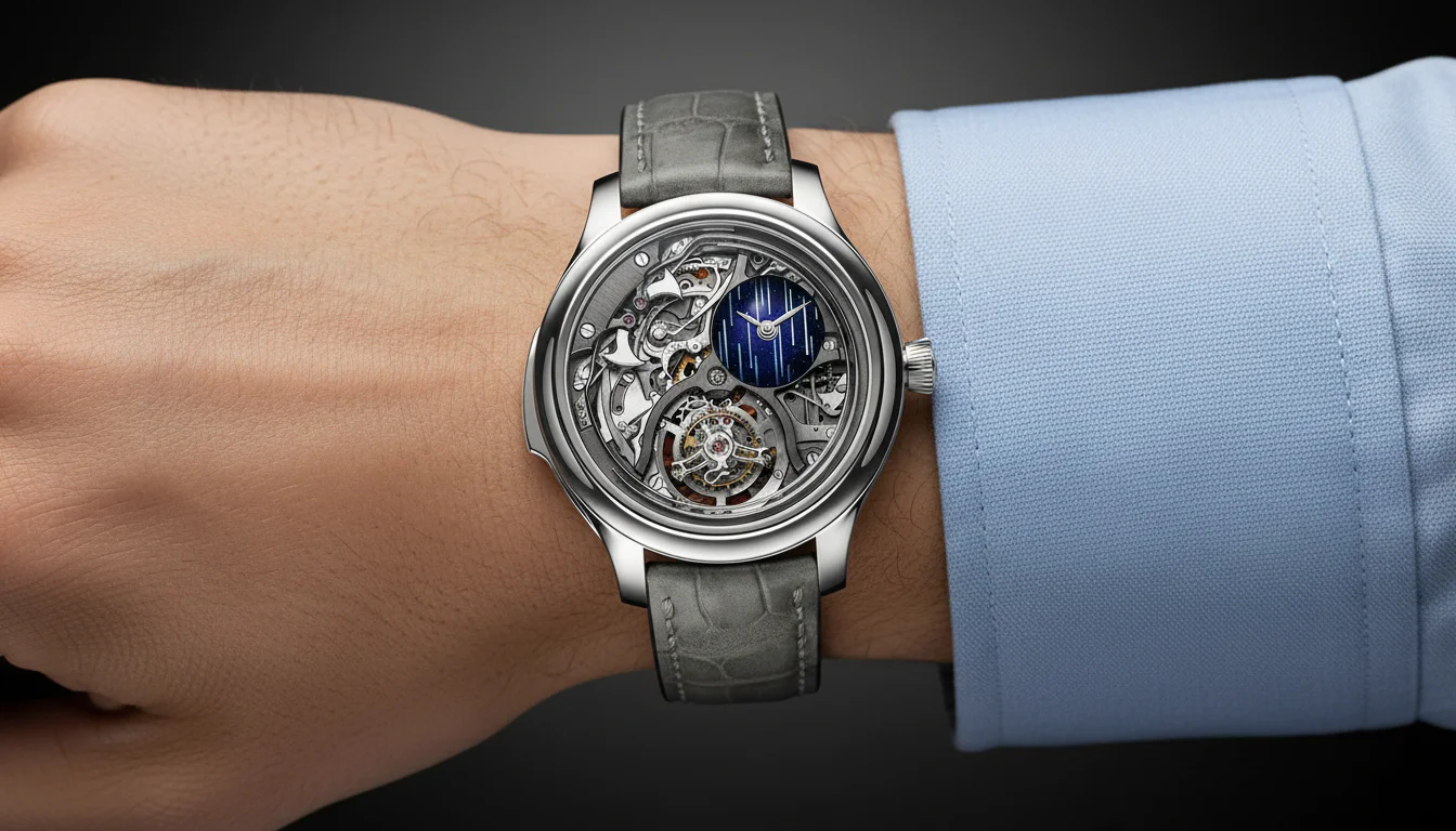 H. Moser Endeavour Minute Repeater Cosmic Rain worn on the wrist on a grey nubuck leather strap