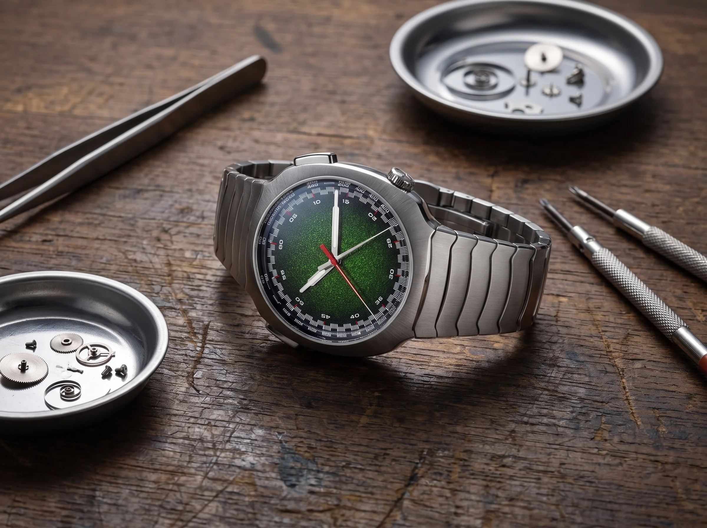 H. Moser and Cie Streamliner Flyback Chronograph resting on a watchmaker's bench beside tools