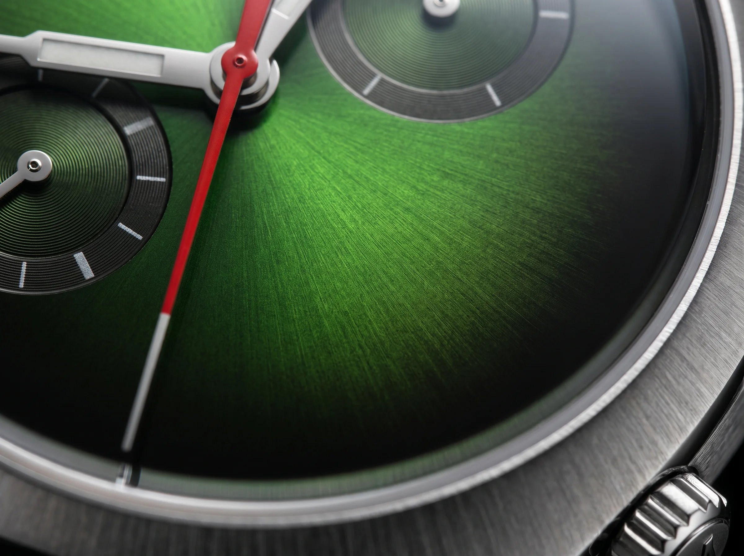Macro of the H. Moser and Cie Streamliner Flyback Chronograph green fume dial gradient