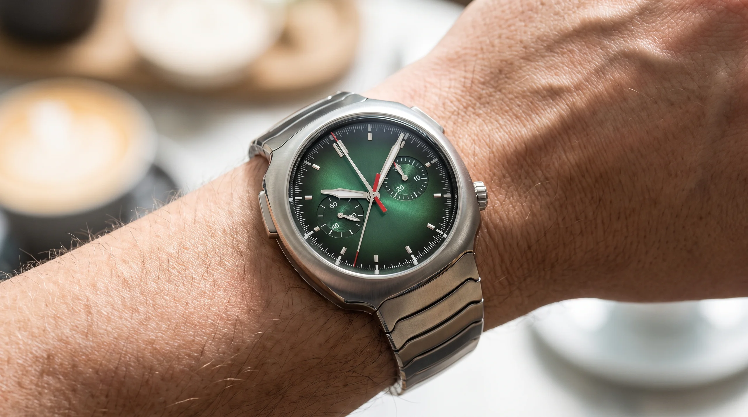 H. Moser and Cie Streamliner Flyback Chronograph in green fume dial worn on the wrist, front angle