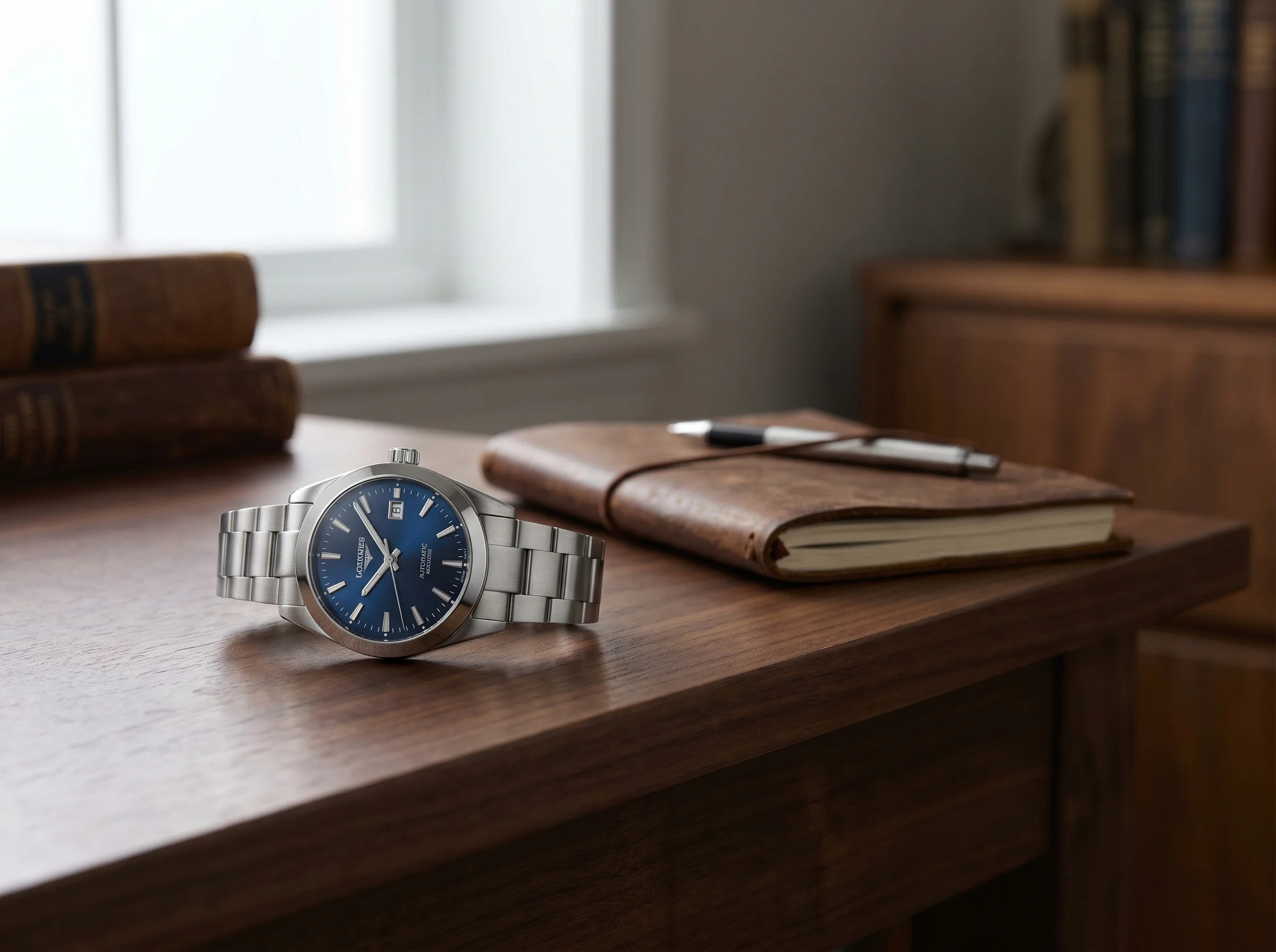 A steel automatic sports watch with a blue dial and sweeping seconds hand on a walnut desk