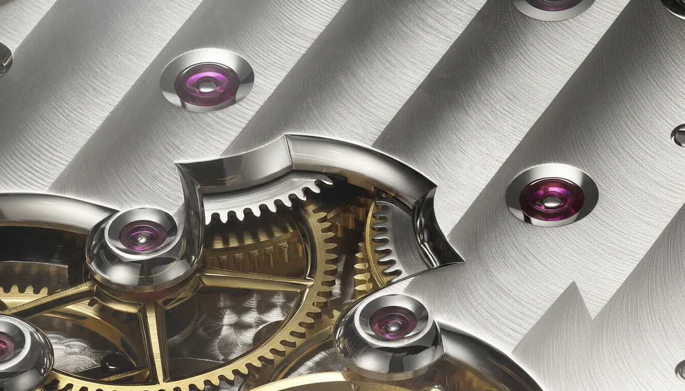 Close-up of hand-beveled movement bridge edges showing mirror-polished anglage