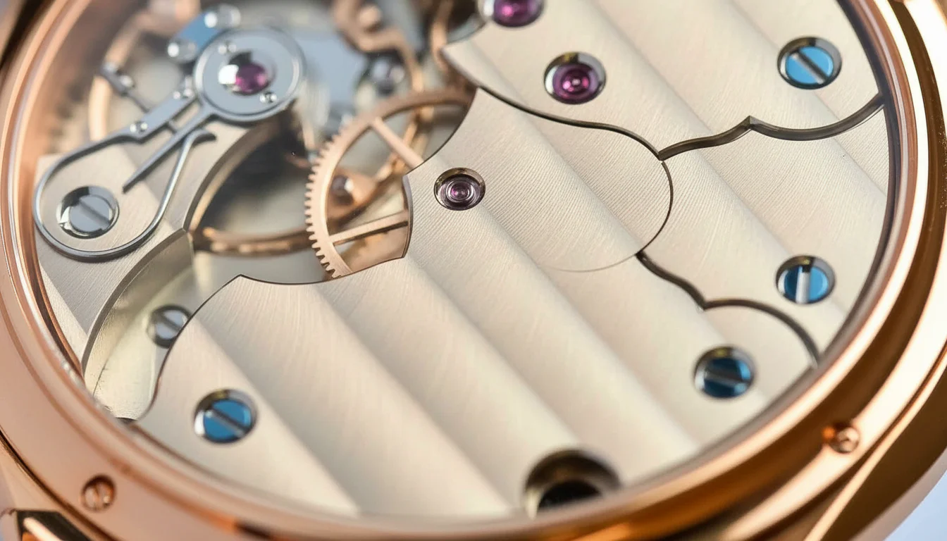 Watch movement with visible Côtes de Genève stripes and blued screws under a loupe