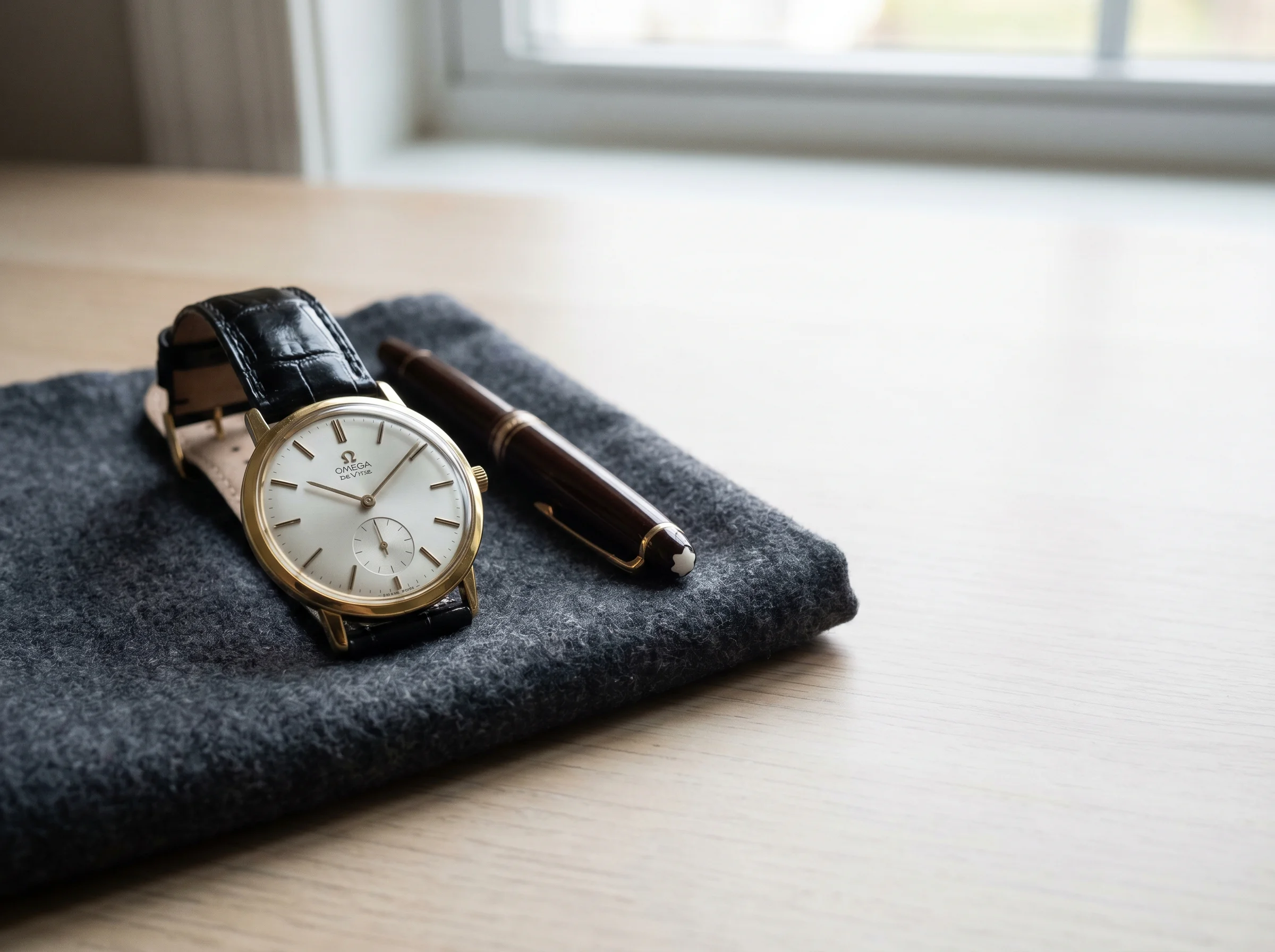A slim yellow-gold hand-wound dress watch with a small seconds sub-dial on grey flannel