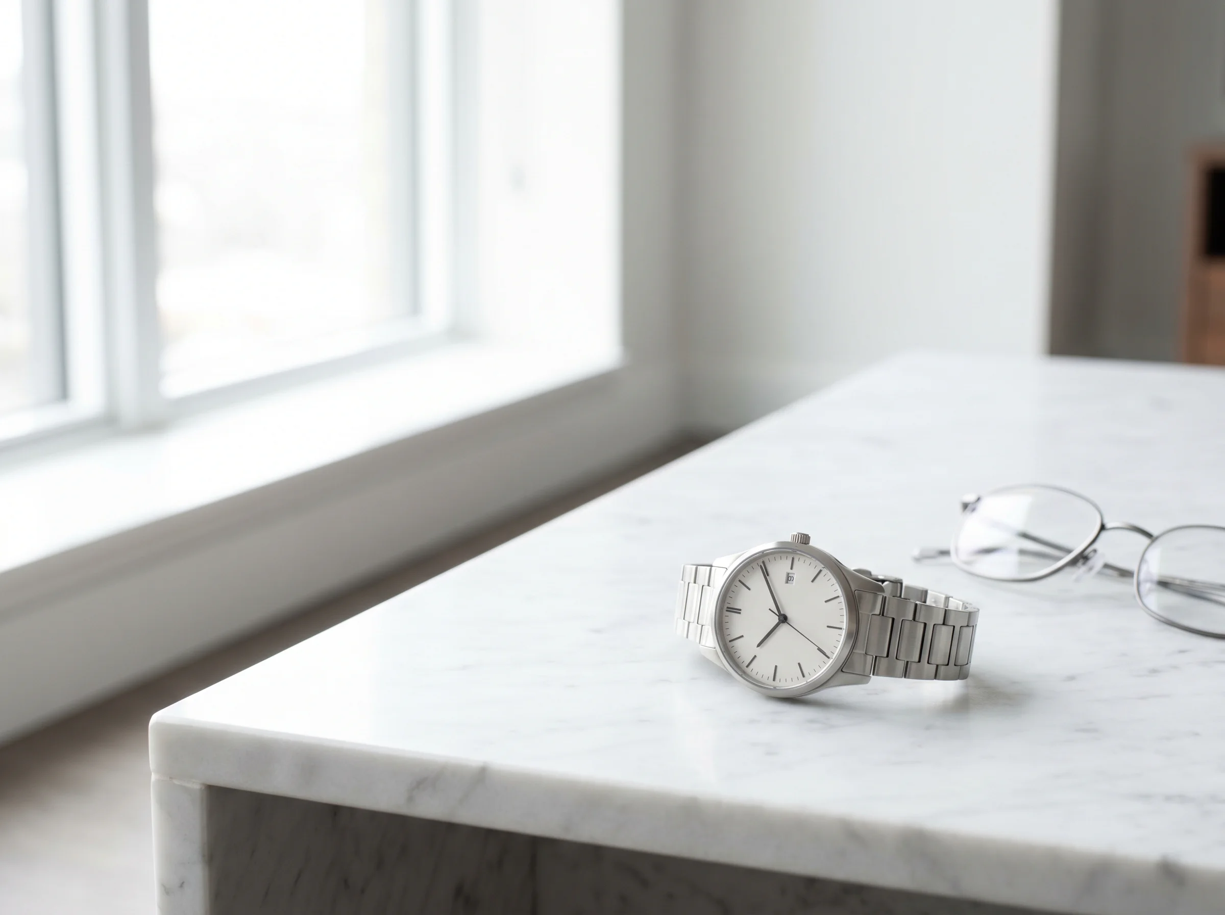 A crisp minimal steel quartz watch with a clean white dial on white marble