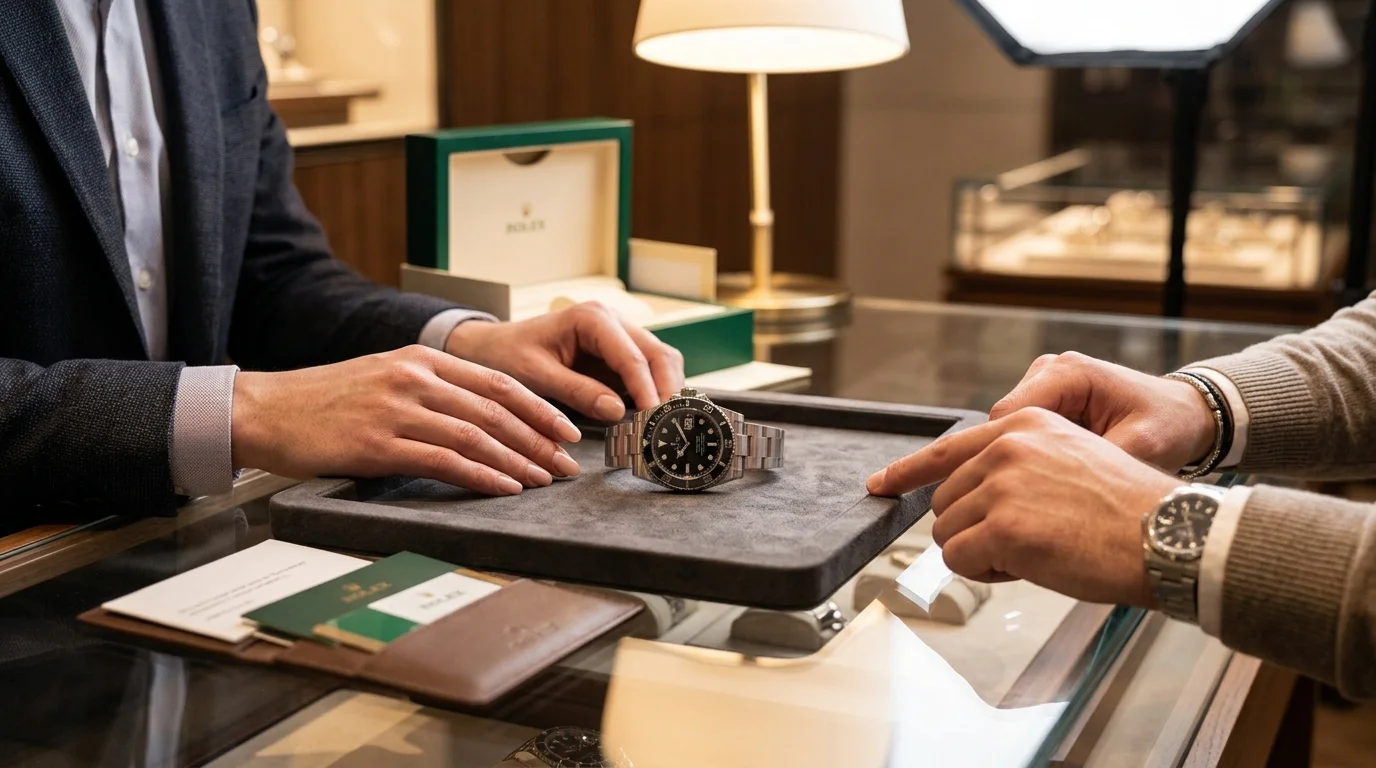 A Rolex Submariner resting on a dealer counter between a buyer and seller during a price negotiation