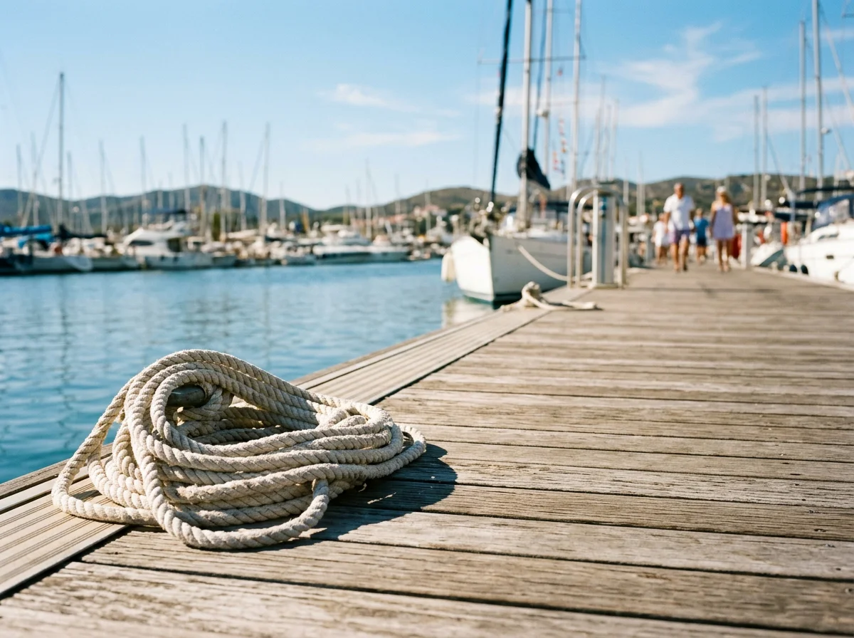 Sunny yacht-club dockside with teak decking and moored boats