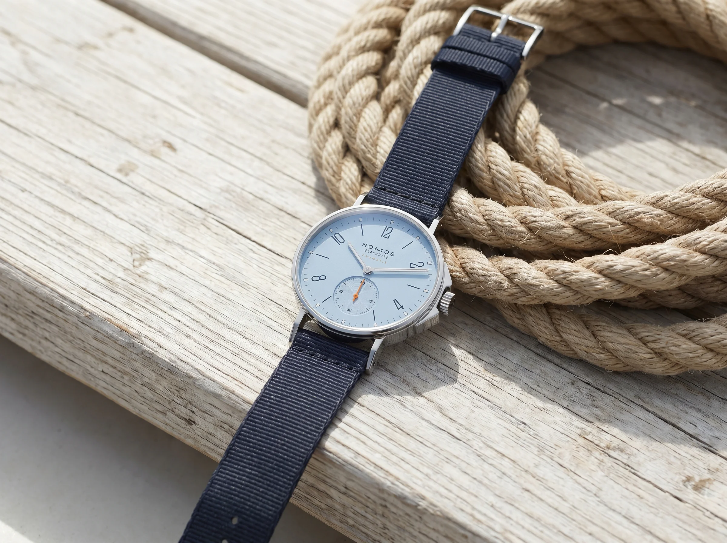 Nomos Ahoi Neomatik Sky on a blue textile strap beside sailing rope