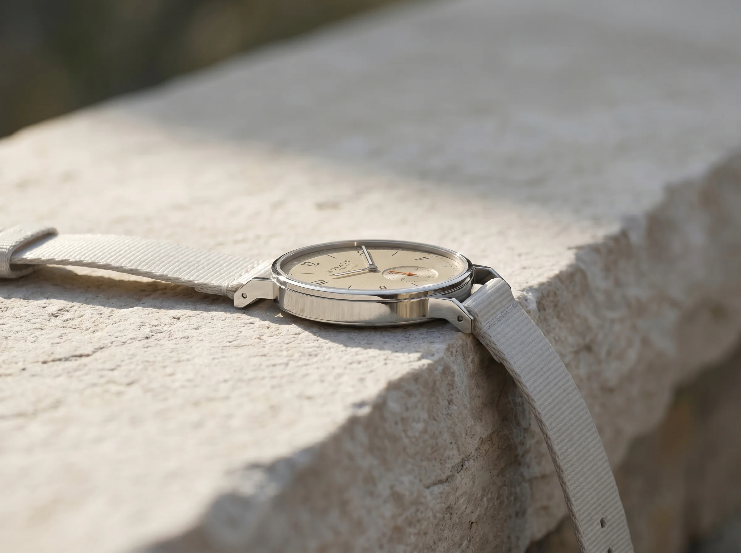 Side profile of the slim Nomos Ahoi Neomatik case on a stone ledge