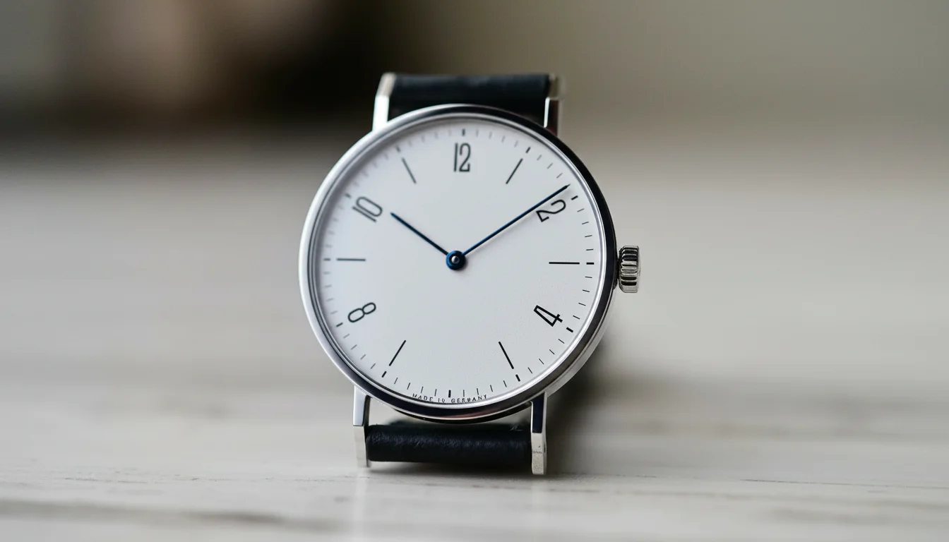 Minimalist white dial dress watch with thin blue steel hands in Bauhaus design style