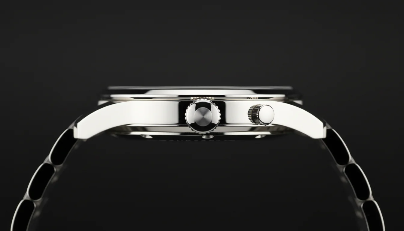 Case profile of the Nomos Club Sport Worldtimer Dark showing the crown and correction pusher