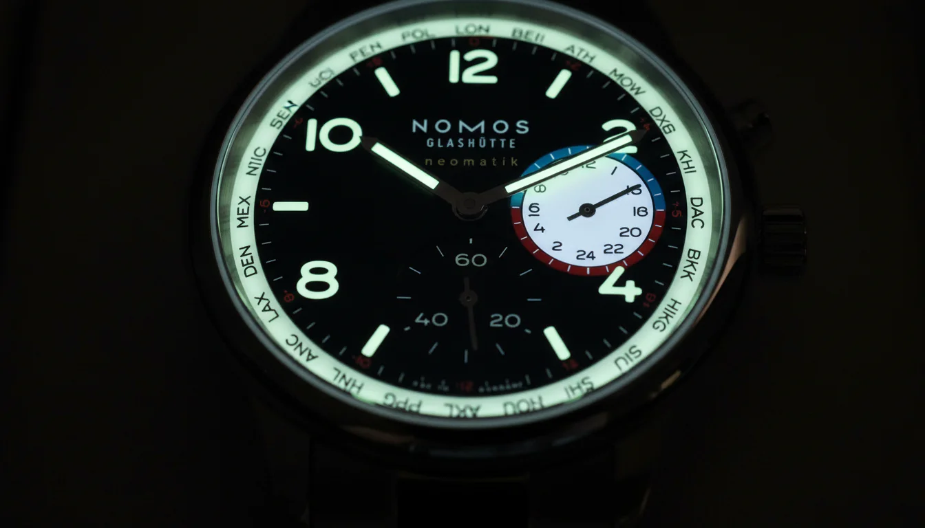 The Nomos Club Sport Worldtimer Dark dial glowing with Super-LumiNova in the dark