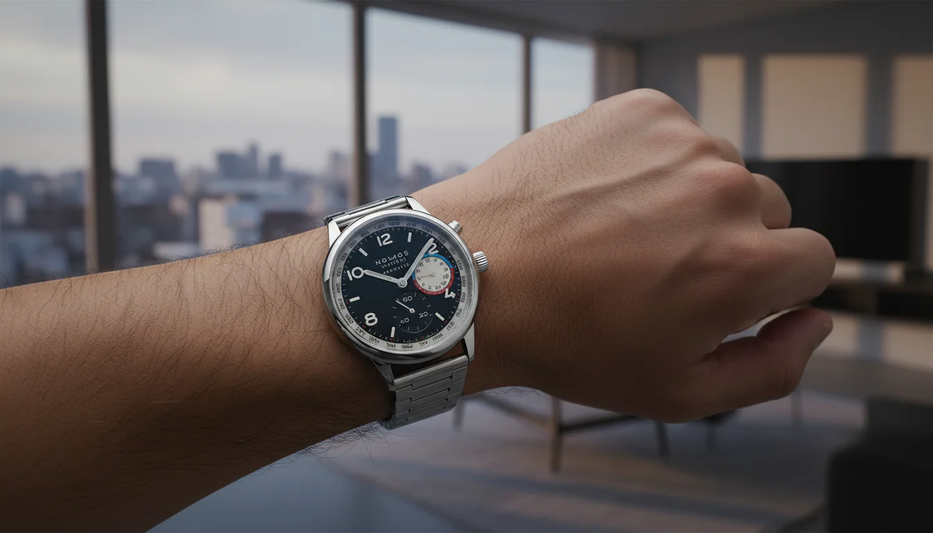 The Nomos Club Sport Neomatik Worldtimer Dark worn on the wrist at dusk