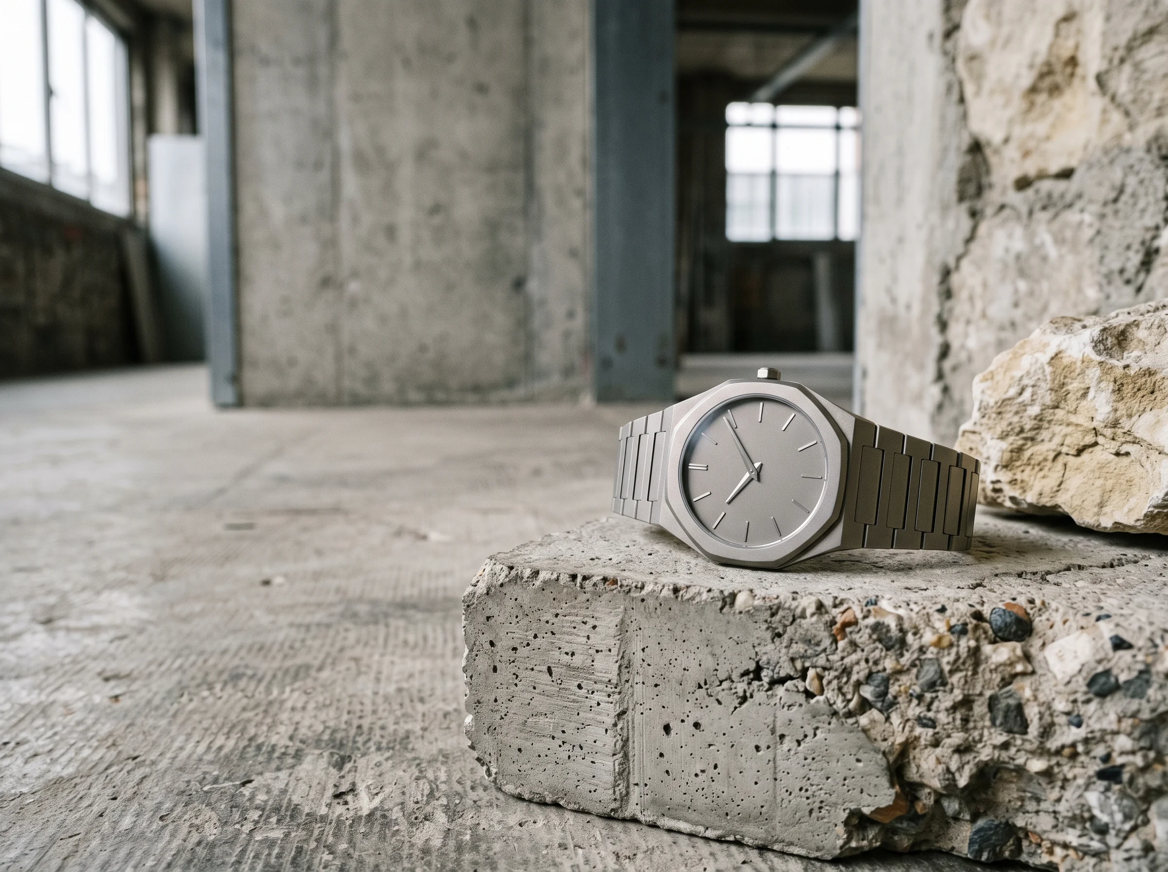 An ultra-thin sandblasted titanium octagonal watch resting on modernist architectural concrete and stone