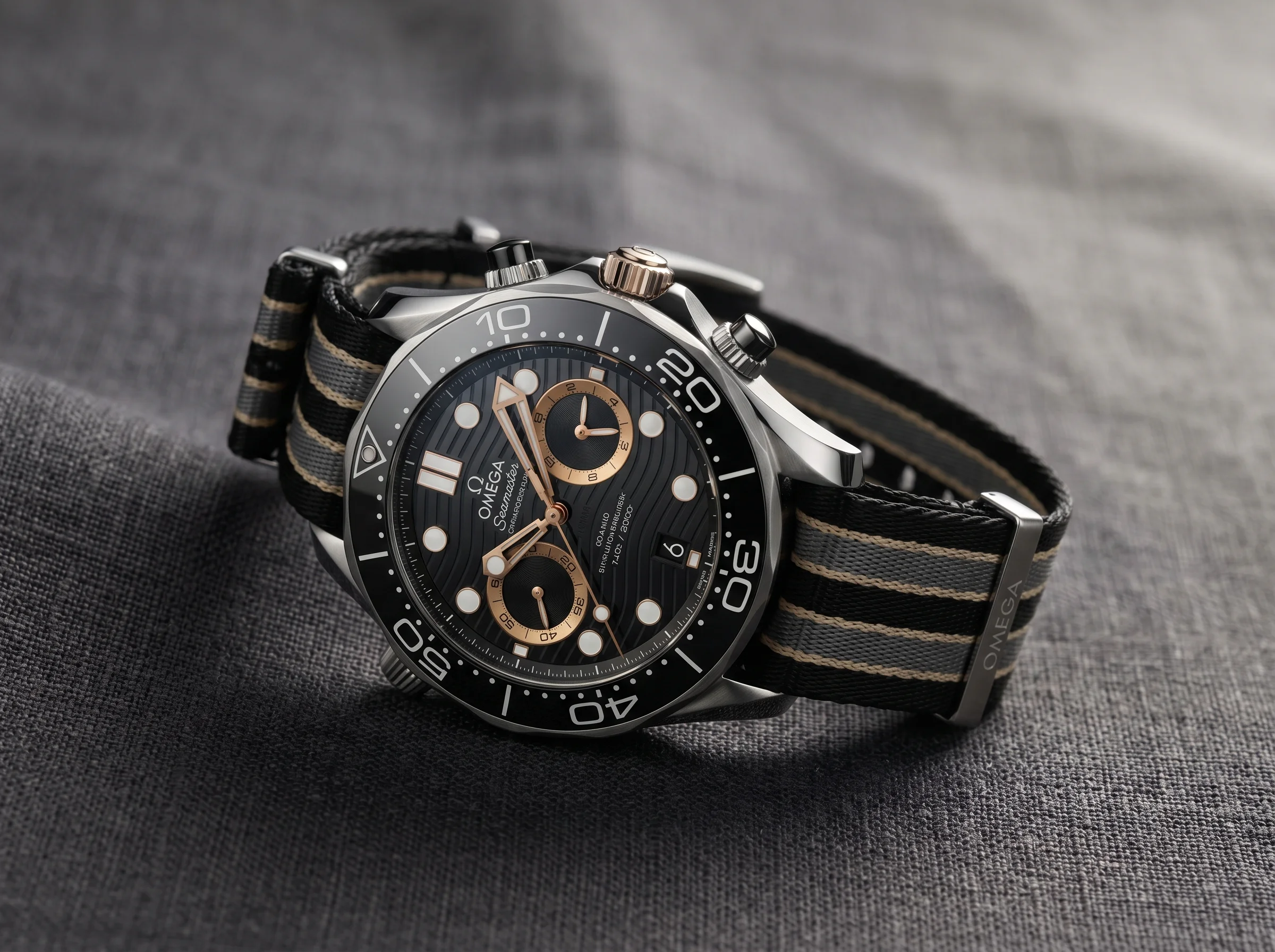Angled side view of the Omega Seamaster 007 First Light showing the PVD bronze gold ring around the 3 o'clock subdial