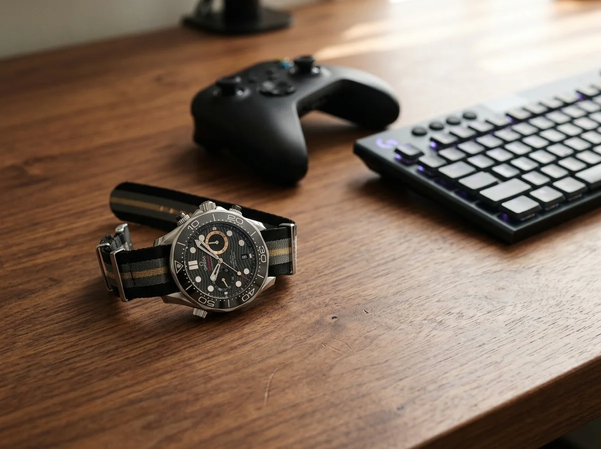 Omega Seamaster 007 First Light chronograph on a walnut desk next to a black gaming controller, illustrating the watch's video game origin
