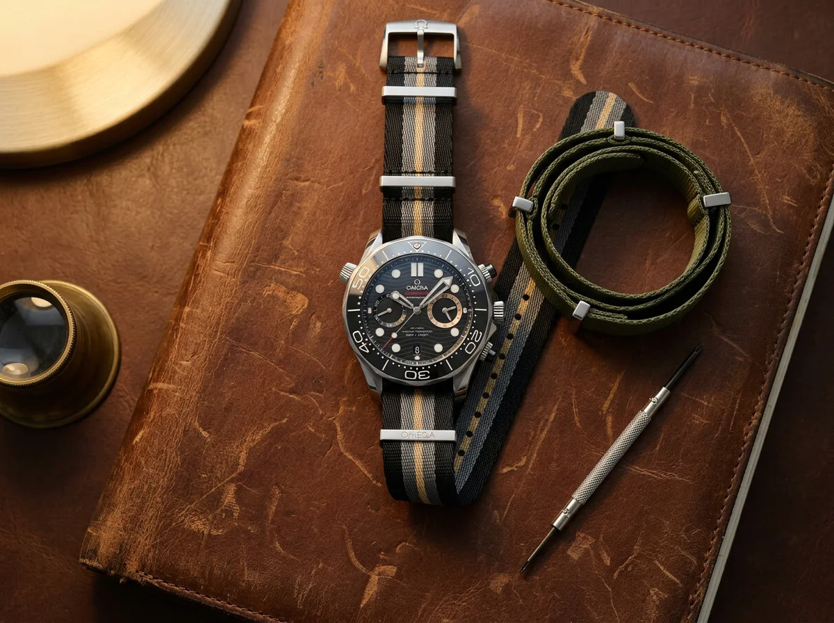 Flat-lay of the Omega Seamaster 007 First Light on a leather notebook with spare NATO straps and watchmaker tools