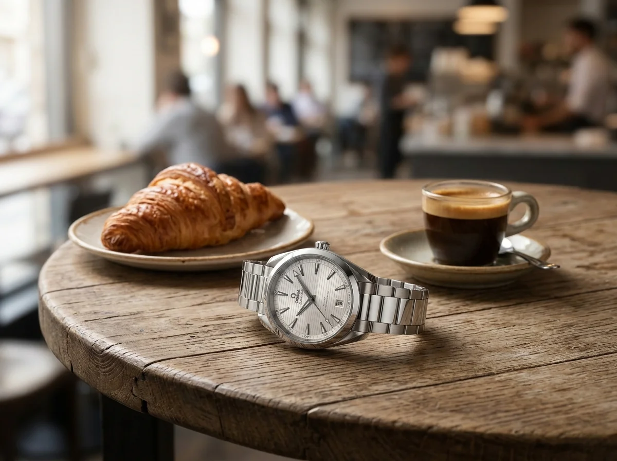Omega Seamaster Aqua Terra 38mm silver dial on cafe table beside croissant and espresso, soft morning light