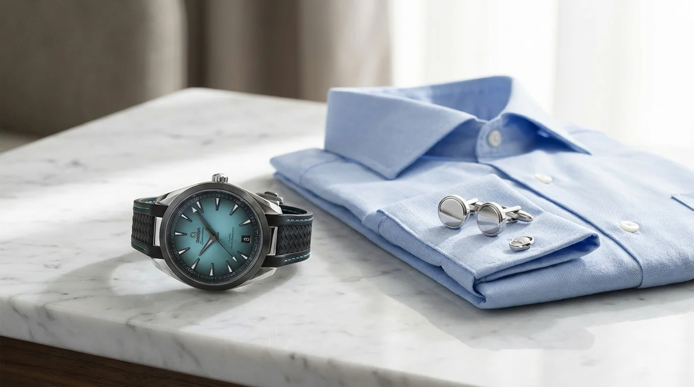 Omega Seamaster Aqua Terra 41mm blue dial on white marble beside dress shirt and cufflinks, clean morning light