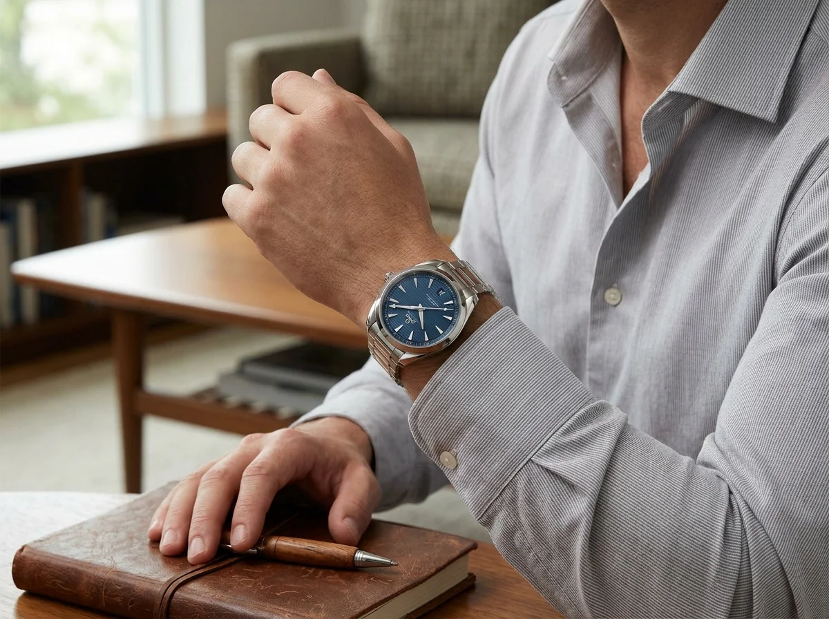 Omega Seamaster Aqua Terra 41mm blue teak-pattern dial worn on wrist, business casual open-collar shirt, indoor natural light