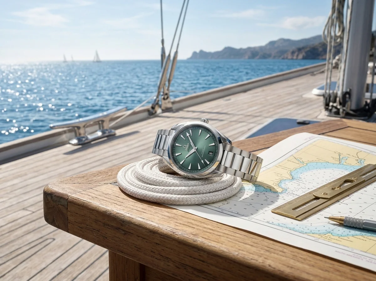 Omega Seamaster Aqua Terra 41mm green dial on yacht deck beside navigation chart and rope, sea in background
