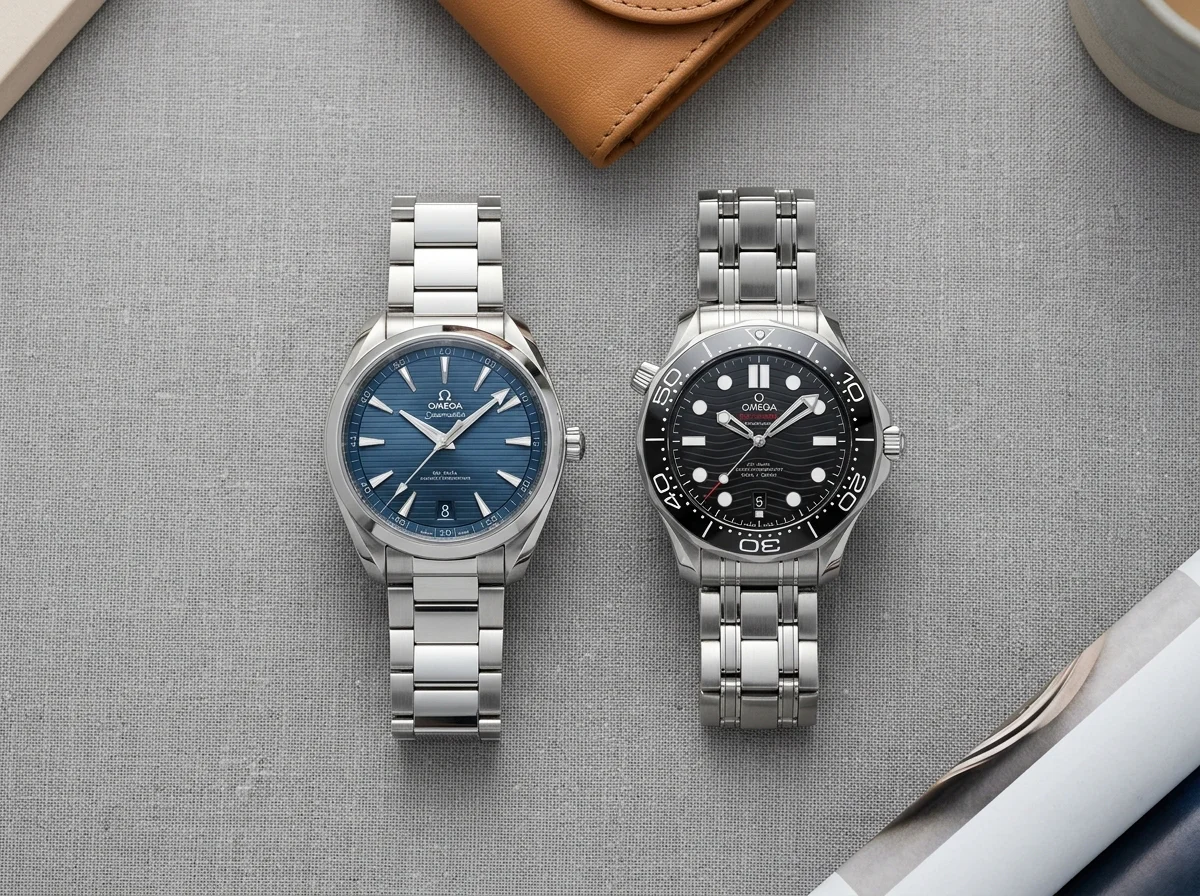 Omega Seamaster Aqua Terra 41mm beside Seamaster Diver 300M comparison flat lay on grey linen, overhead natural light