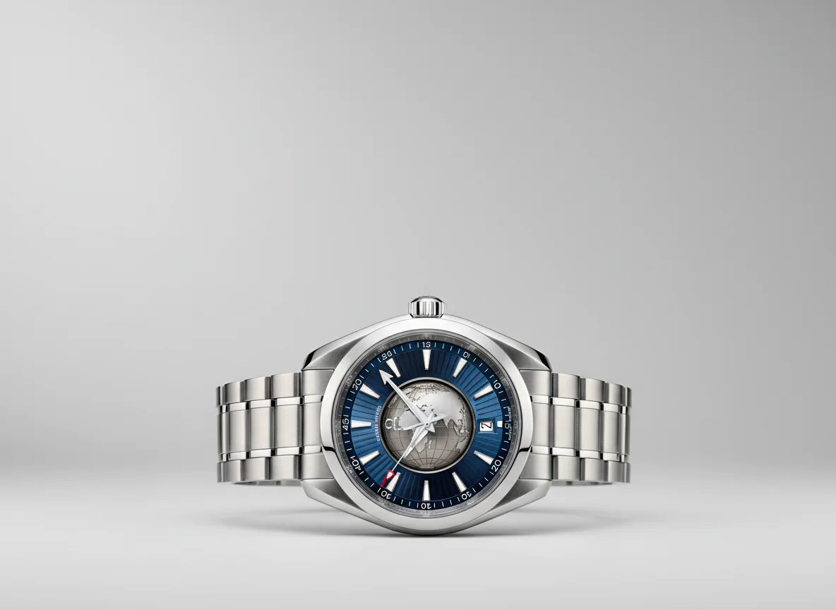 Omega Seamaster Aqua Terra Worldtimer GMT 43mm with central globe motif and 24-hour reference city ring