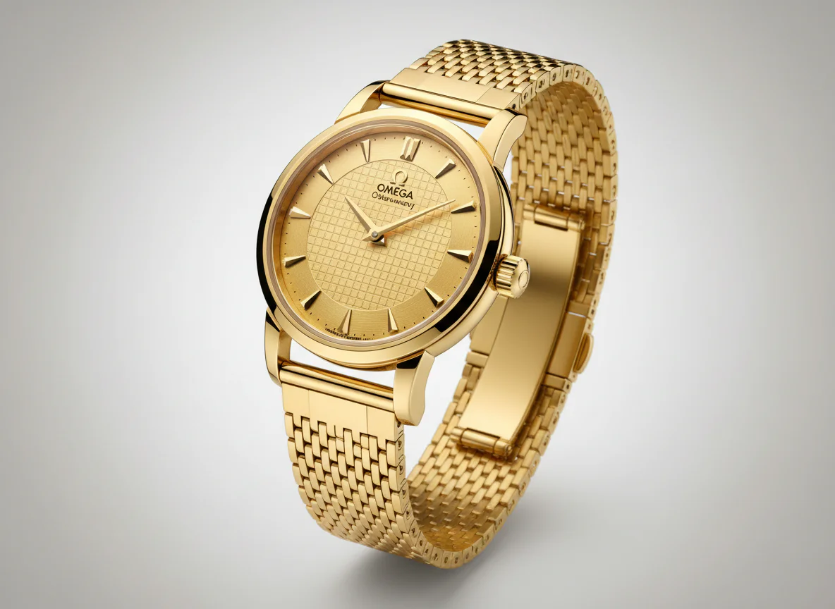Omega Constellation Observatory 140.50.39.21.99.001 in 18K Moonshine Gold with brick-pattern mesh bracelet