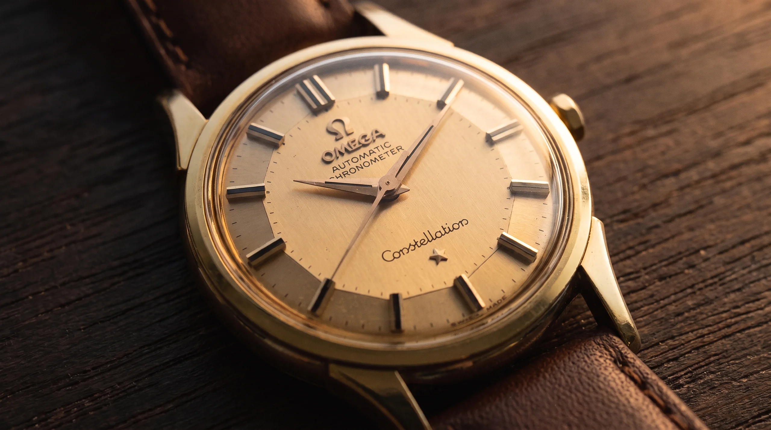 Vintage Omega Constellation Pie Pan dial with faceted dome dial and gold-capped case