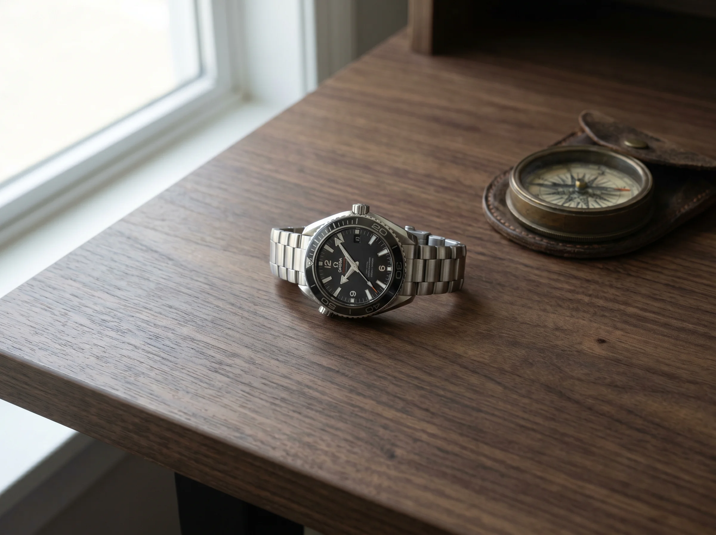 Newest-generation Omega Planet Ocean 600M 42mm with open-worked numerals and matte black dial on a walnut desk