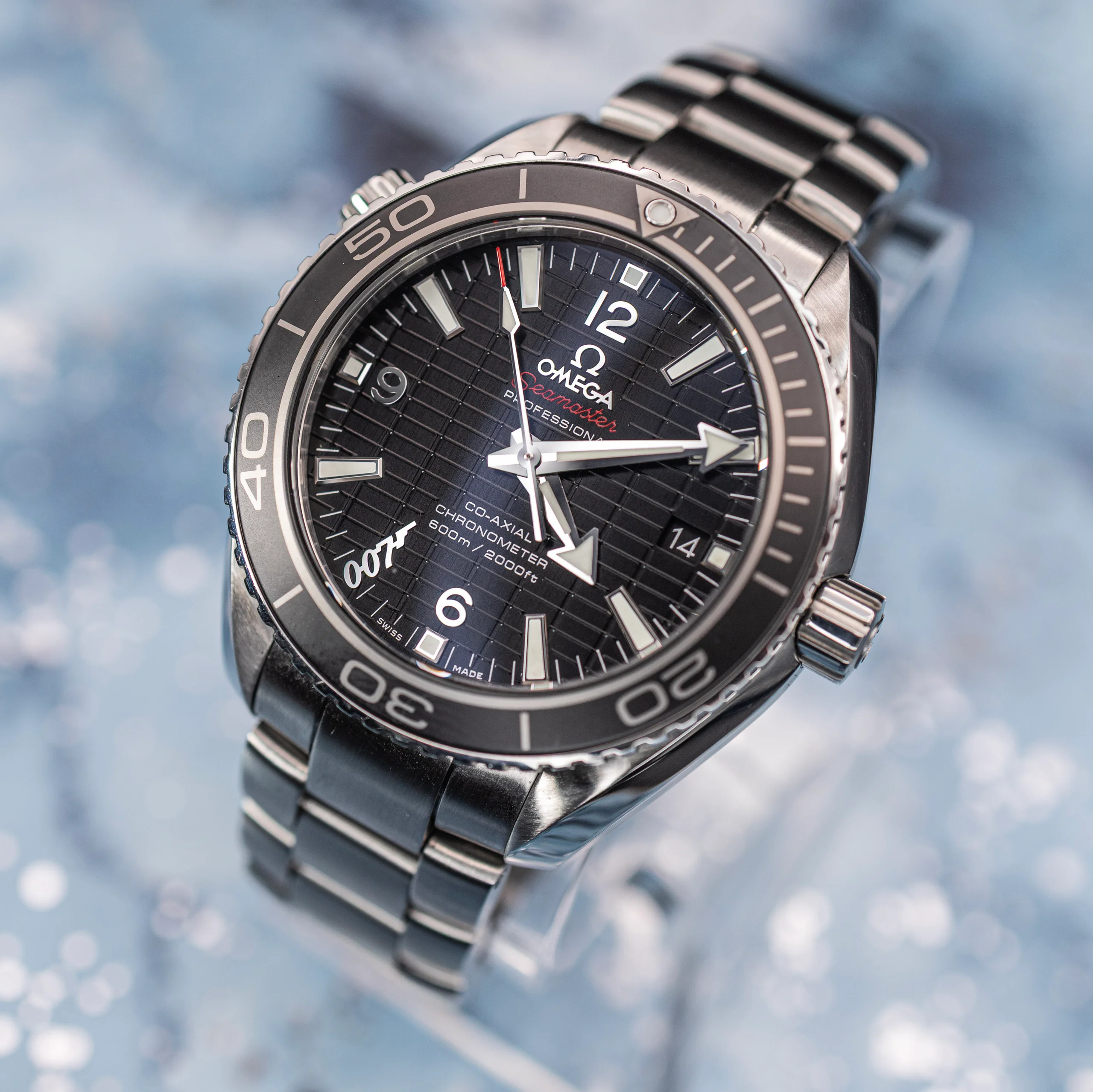 Omega Seamaster Planet Ocean 600M Skyfall Limited Edition on its steel bracelet