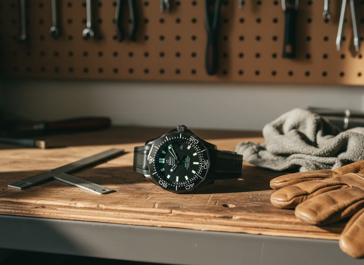 Omega Seamaster Diver 300M Black Ceramic reference 210.92.44.20.01.003 with monolithic matte black zirconium oxide case and matching ceramic dial resting on a garage workbench with leather glove and feeler gauge