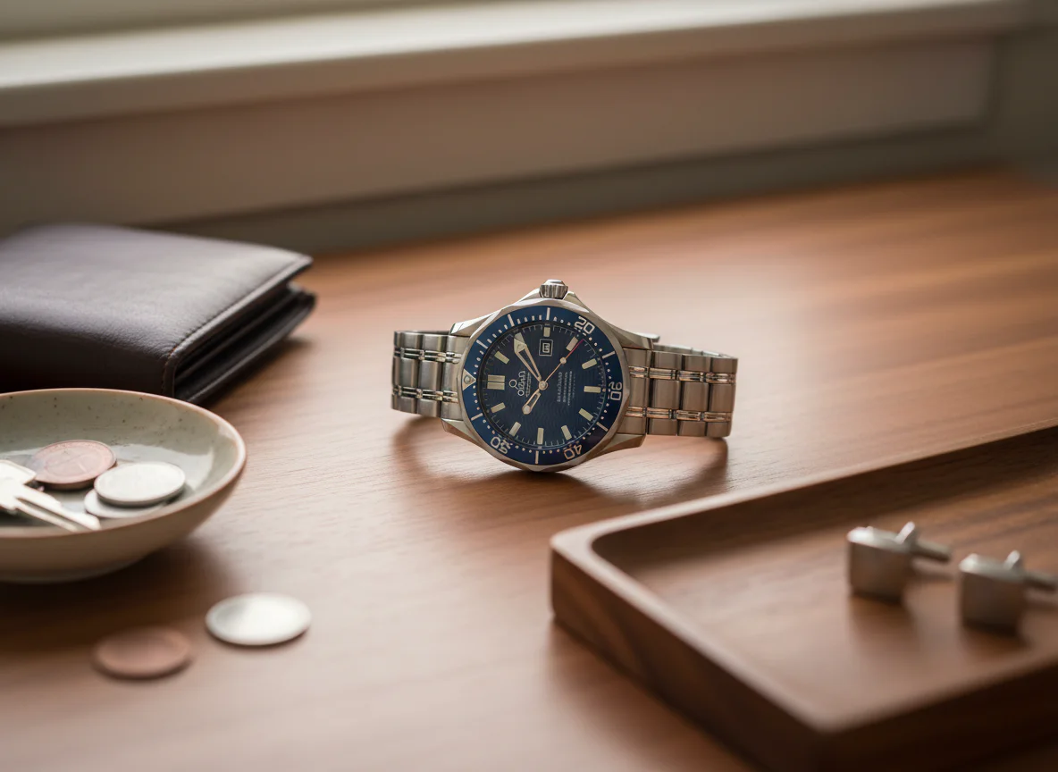 Mid-size Omega Seamaster Diver 300M reference 2222.80 in 36.25mm with blue aluminum bezel and wave dial resting on a walnut dresser with leather wallet, car keys, and cufflinks in morning light
