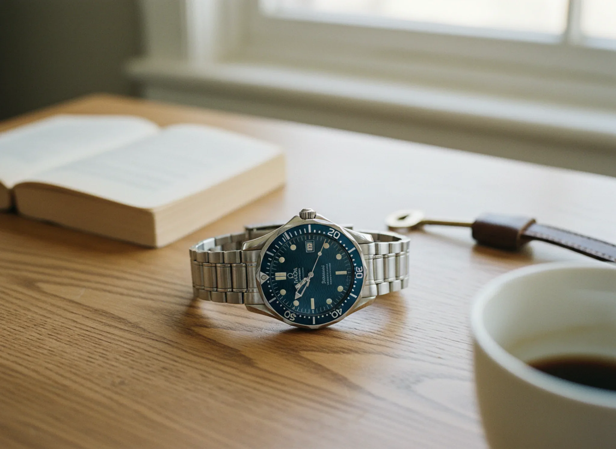 Vintage 1995-2005 Omega Seamaster Diver 300M Pierce Brosnan-era reference 2531.80 on a worn oak desk with paperback book and brass key in natural morning light