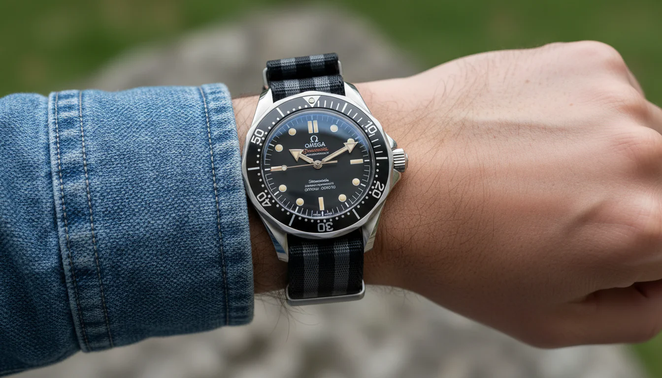 Omega Seamaster 300 dive watch on a striped NATO nylon strap worn on the wrist outdoors