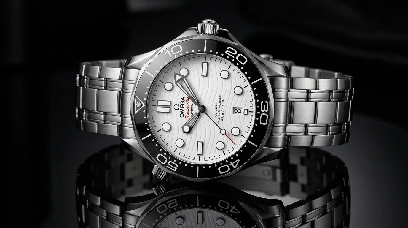 Omega Seamaster Diver 300M with white ceramic dial, black ceramic bezel, and steel bracelet.