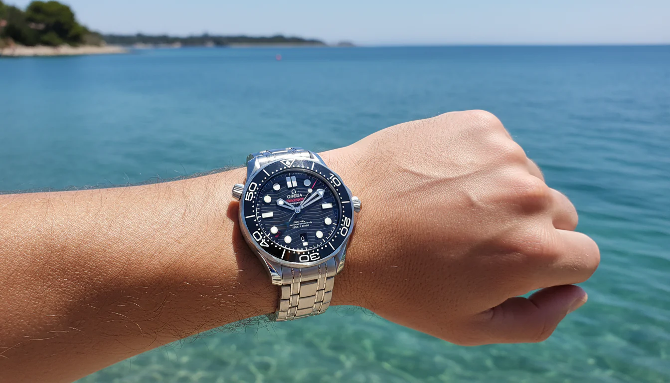 Omega Seamaster Diver 300M worn on the wrist near the water