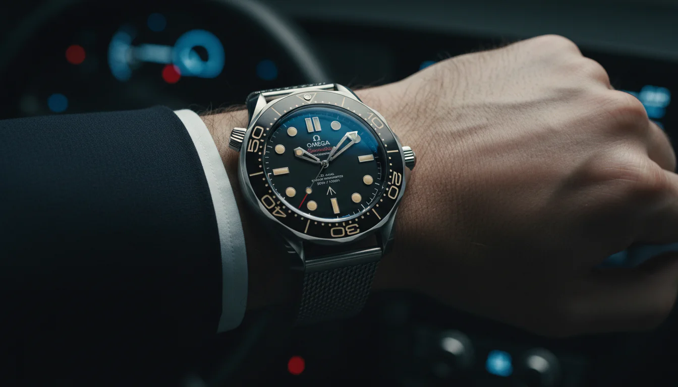 Wrist shot of a titanium Omega Seamaster Diver 300M, the reference worn by Daniel Craig in No Time to Die
