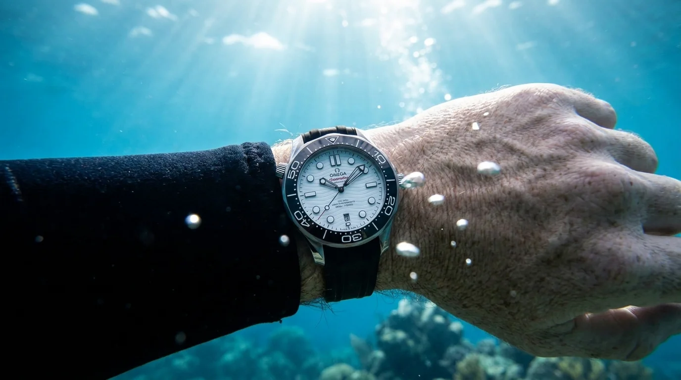 An Omega Seamaster Diver 300M worn on the wrist underwater with sunlight visible through the water.