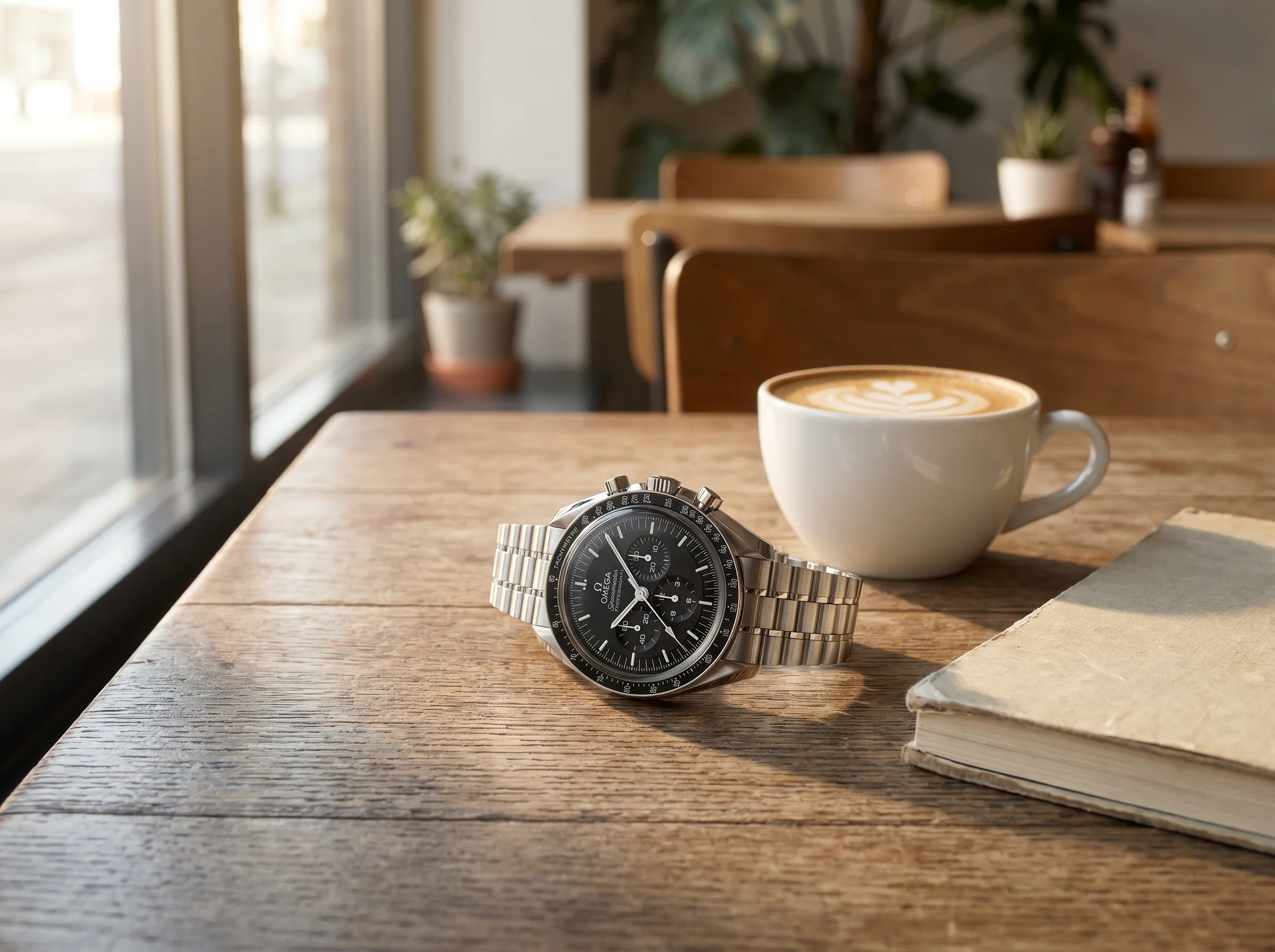 Omega Speedmaster Moonwatch Professional with black dial on a cafe table beside a coffee and sketchbook