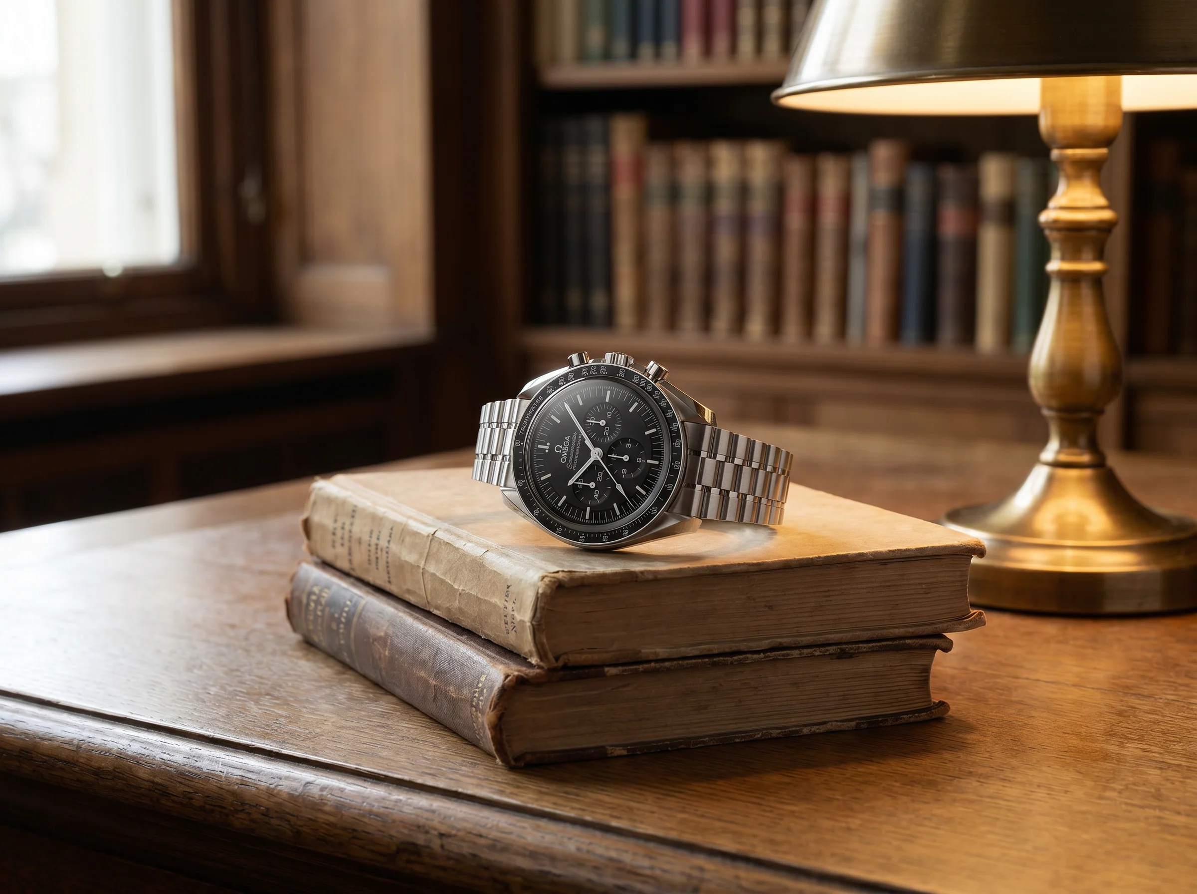 Omega Speedmaster Moonwatch Professional resting on a stack of hardcover books beside a brass library lamp