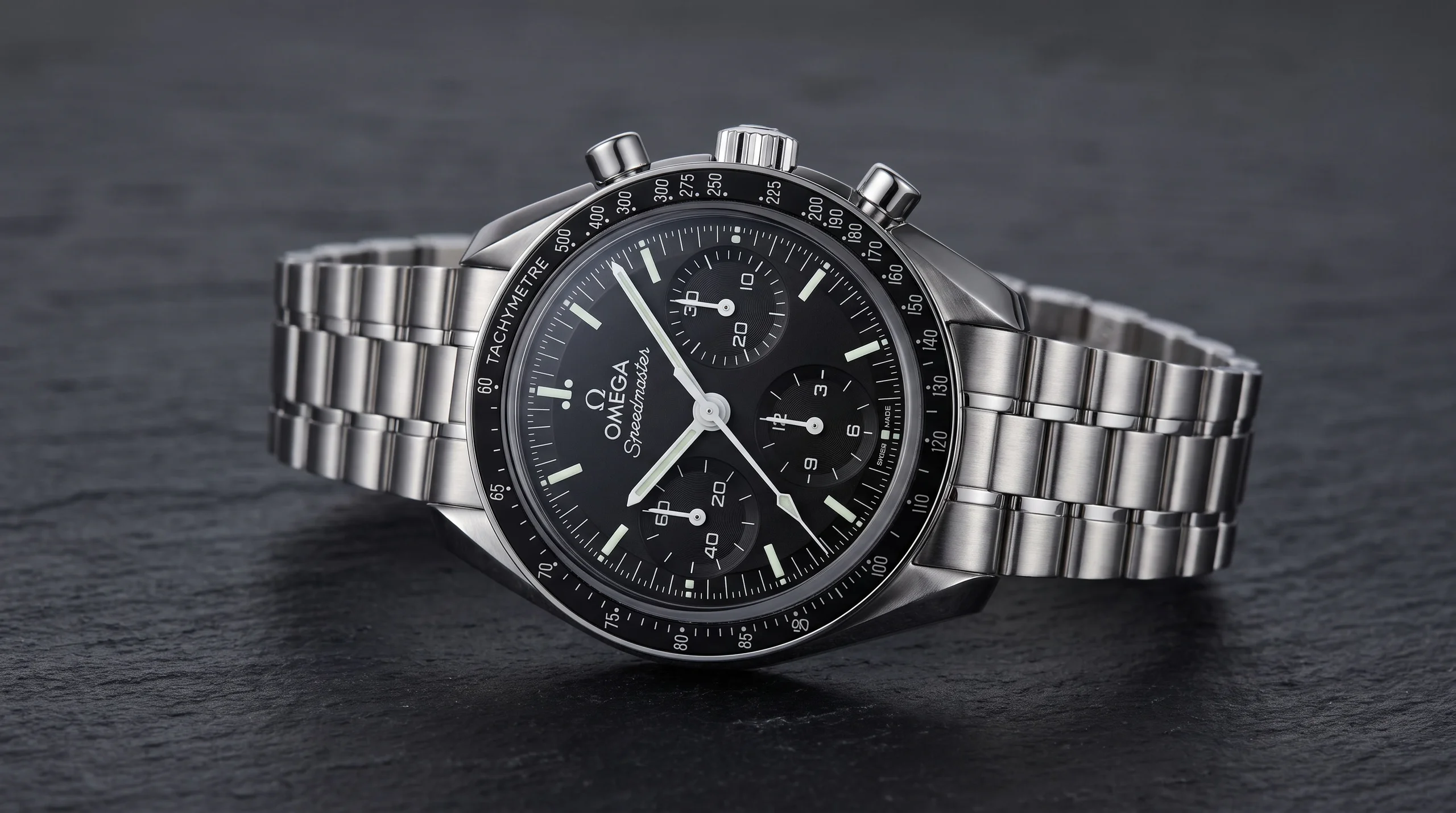 Omega Speedmaster 38mm 2026 black no-date reference with round chronograph sub-dials