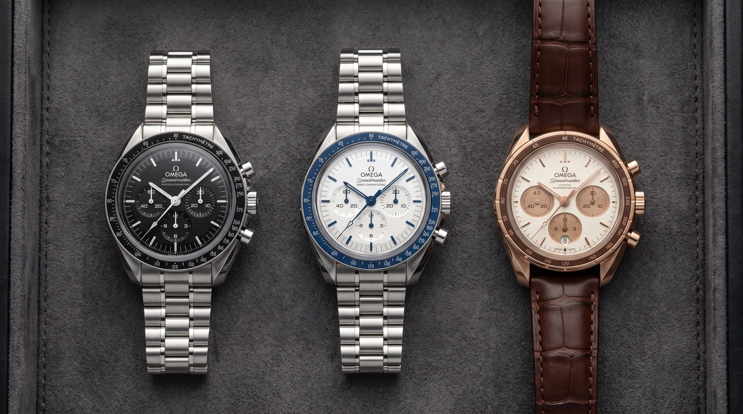 Three Omega Speedmaster 38mm 2026 references side by side, black, blue, and Sedna gold