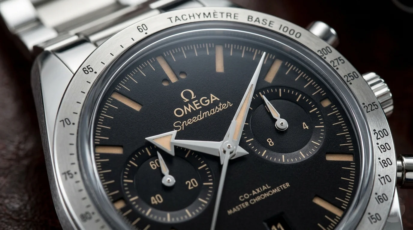 Macro shot of the Omega Speedmaster 57 dial showing the tachymeter scale and co-axial master chronometer text