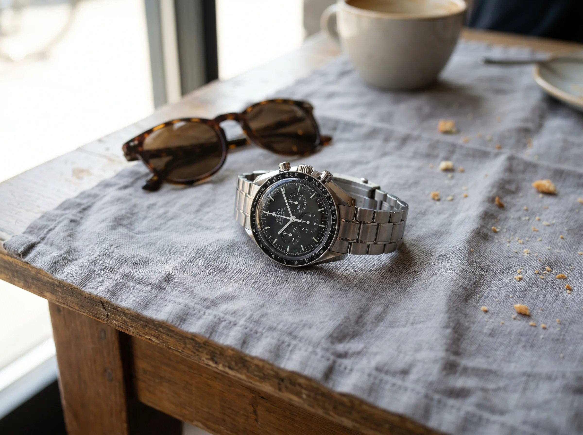 Omega Speedmaster Moonwatch Professional steel chronograph on a grey linen cloth beside sunglasses