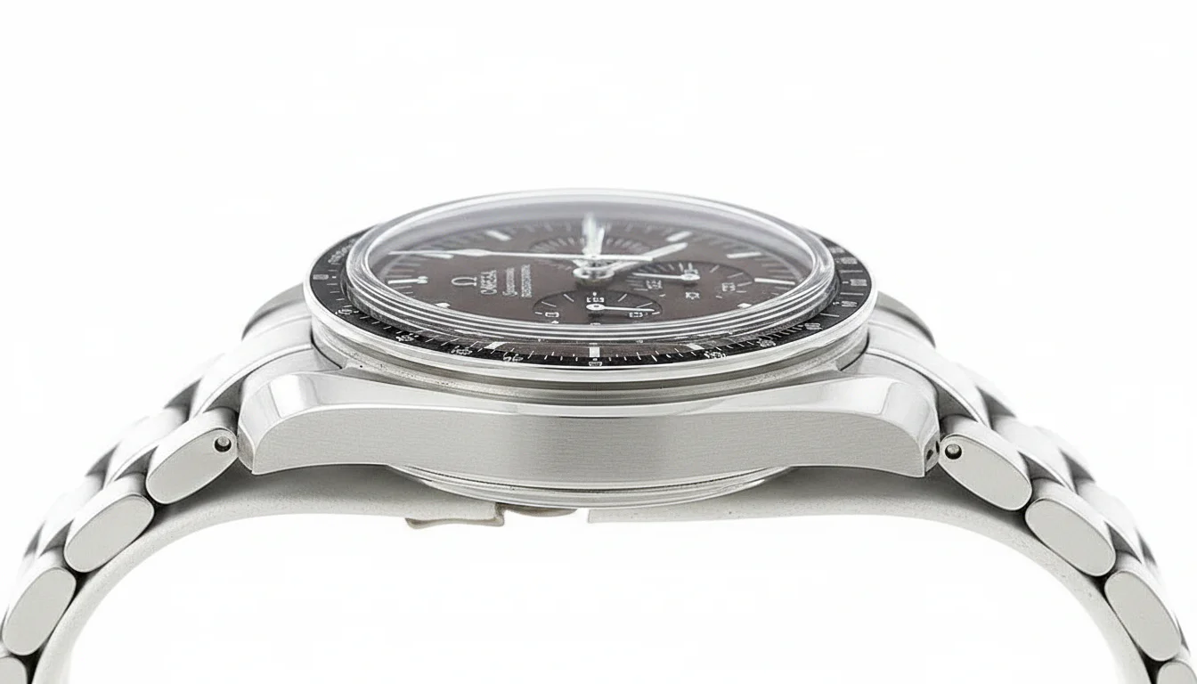 Omega Speedmaster steel chronograph with exhibition caseback, side view