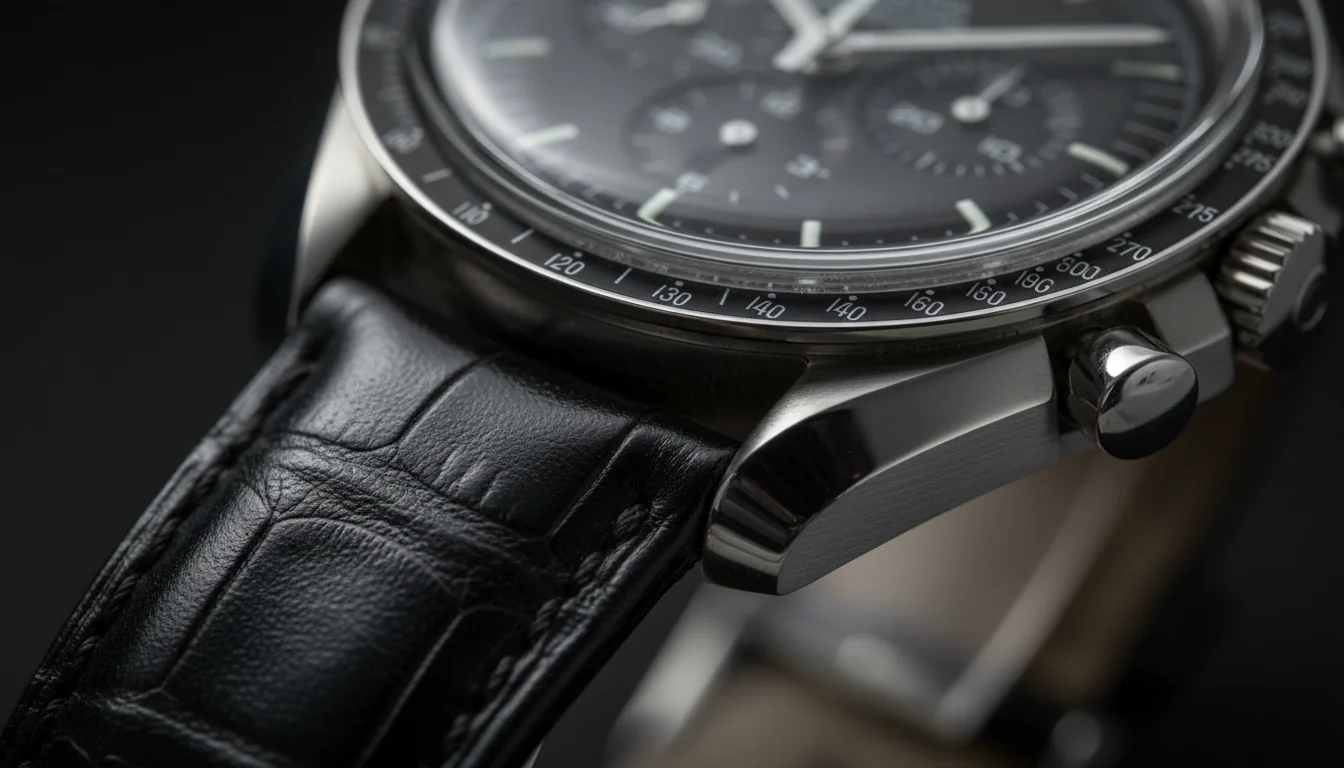 Macro close-up of a black leather watch strap texture and stitching on an Omega Speedmaster Moonwatch